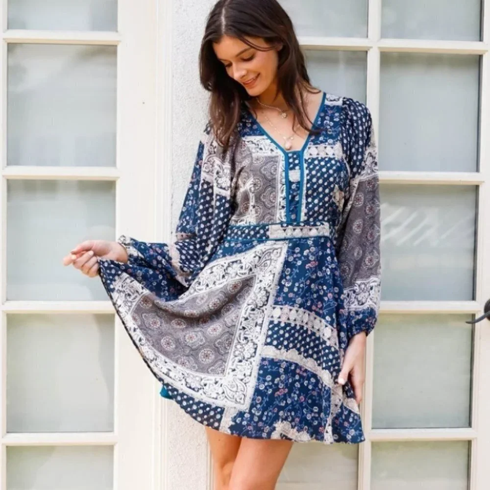 Paisley Print Balloon Long Sleeve Mini Dress blue